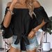 Women's Off-Shoulder Bell Sleeve Blouse With Bow Tie – Casual Loose Fit Top – Breathable Polyester Summer Fashion (White/Black)_ecoleips.com