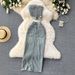 Women's American Style Denim Suit Asymmetrical Cropped Strapless Top High Waisted Split Hem_ecoleips.com