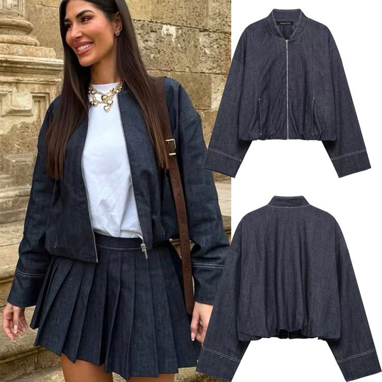 Women's Spring And Autumn New Fashion Zipper Stand Collar Denim Bomber Jacket_ecoleips.com