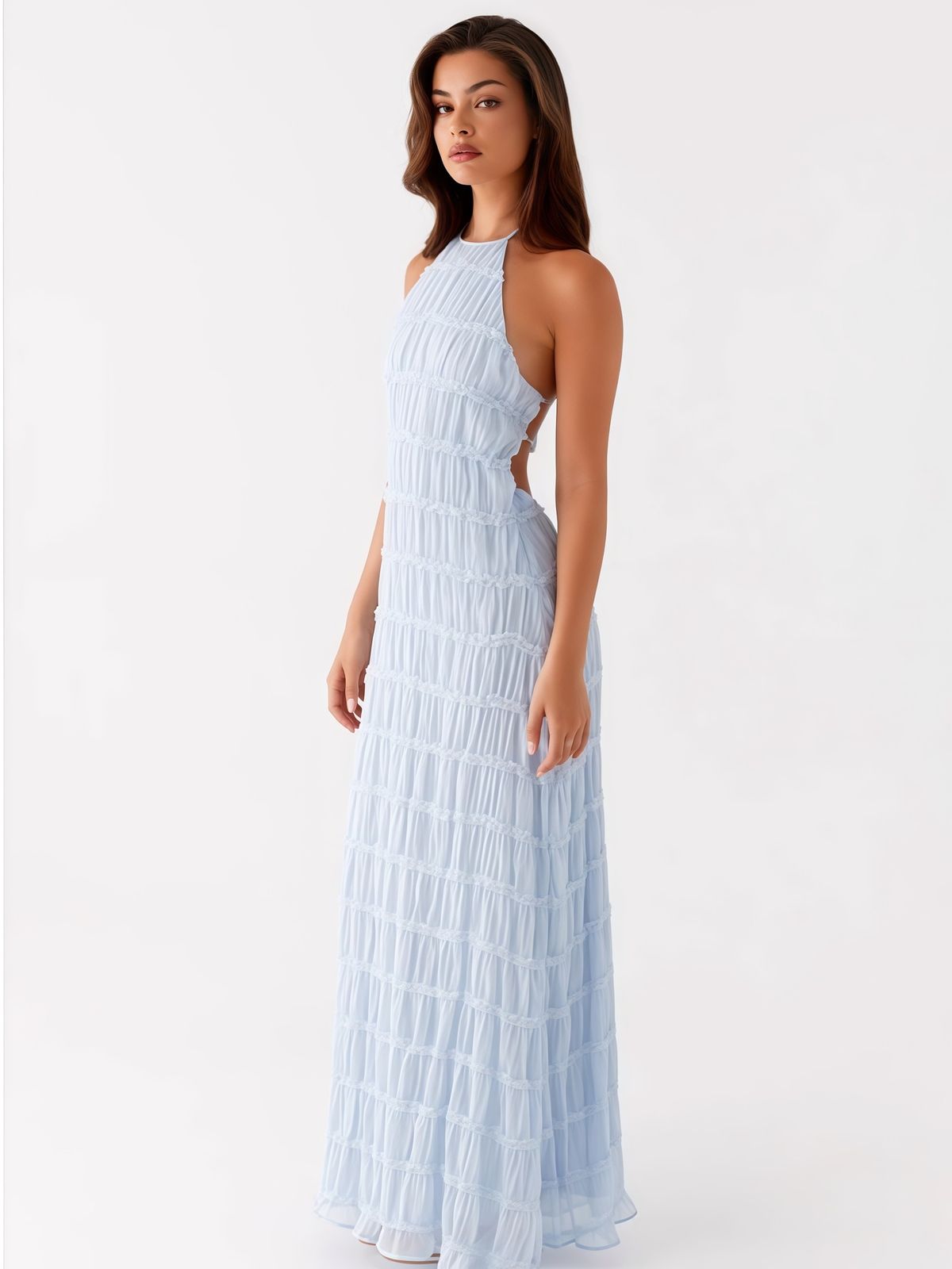 New Women's Halter Neck Backless Lace-Up Ruffled Long Dress Vacation Lace Dress_ecoleips.com