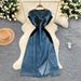 Women's Clothing Summer Fashion Heavy Diamond Embroidery V Neck Short Sleeved Patchwork Denim Dress Women's Long Skirt_ecoleips.com