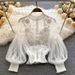 Women's Clothing Lace Base Layer Shirt Slim Fit Crop Top Three Dimensional Floral Patchwork Sheer Mesh Lantern Sleeve Designer Foreign Trade_ecoleips.com