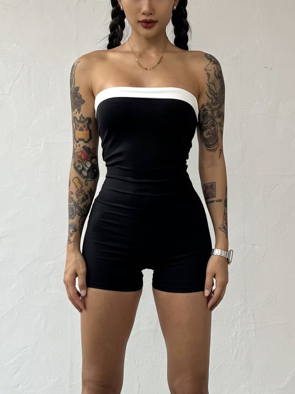 European American Style Women's Sleeveless Strapless Patchwork Sexy Nightclub Outfit Bodycon Top off Shoulder Waist Cinching Thin Design_ecoleips.com