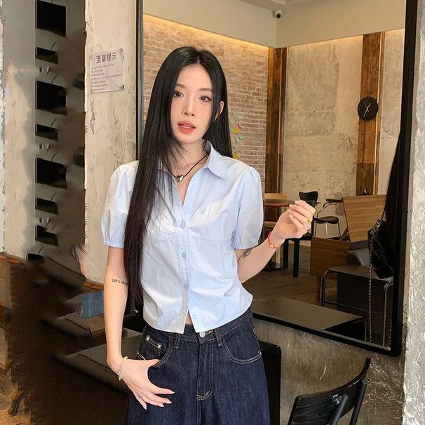 Sweet Spicy Style Blue Women's Short-Sleeve Shirt With Tie Design, Unique Waist-Cinching Slimming, Elegant And Versatile_ecoleips.com