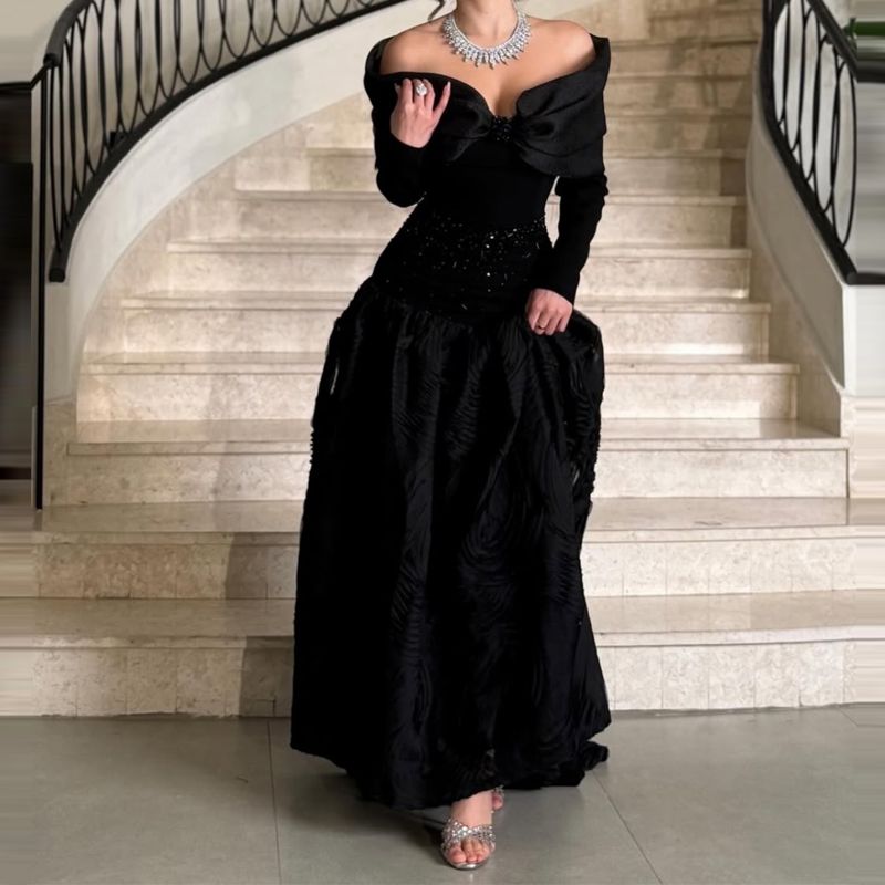 Fashion Off Shoulder Slim Fit Pleated Banquet Dress Women's Casual Long Sleeved Prom Dresses Black Mesh Patchwork Princess Dress_ecoleips.com