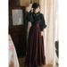 French European Court Sleeve Lace Shirt Striped Long Dress Two-Piece Set Dark Style_ecoleips.com