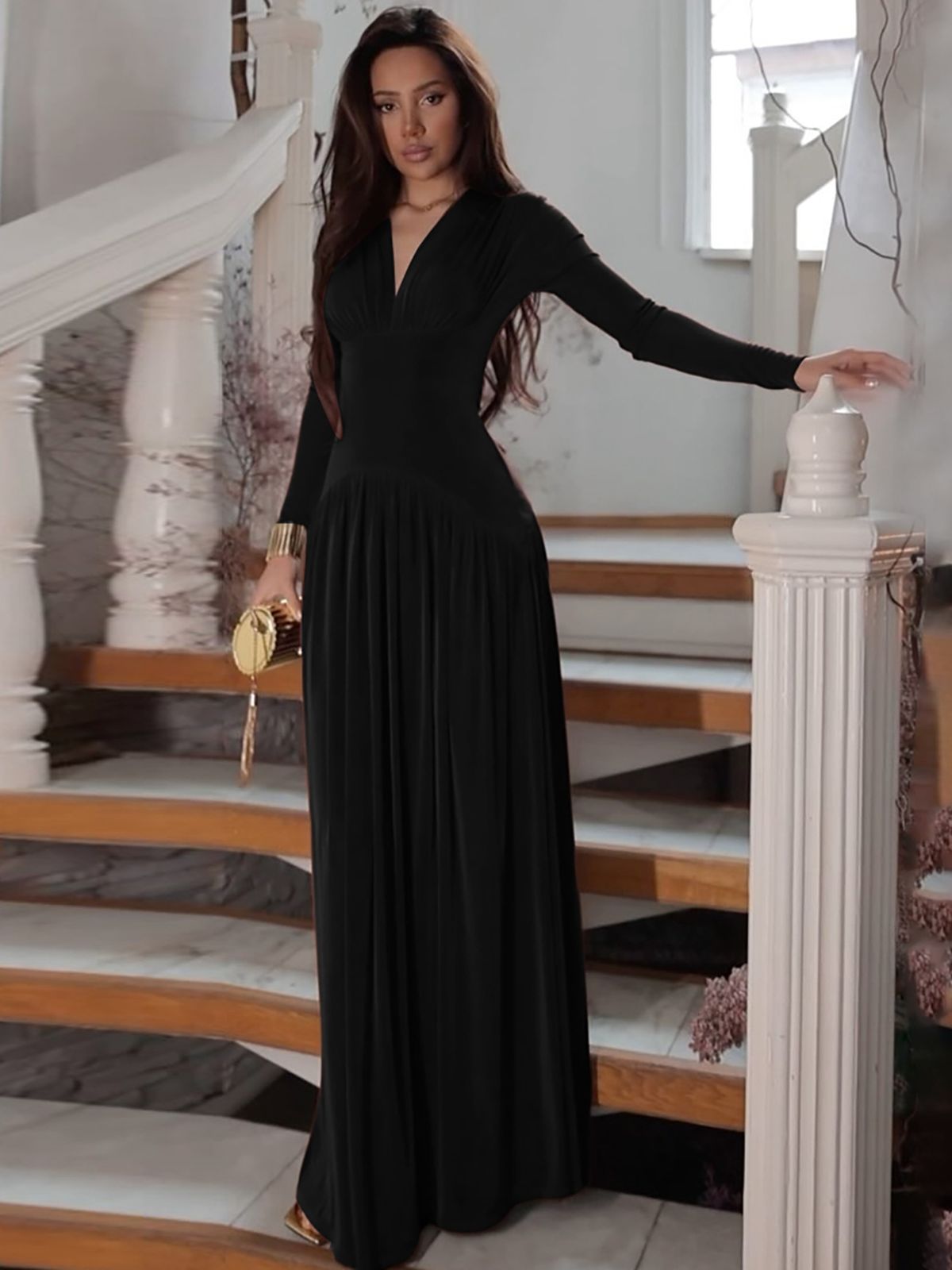 Hugcitar Autumn Elegant V Neck Long Sleeve Shoulder Pads Ruched Sexy Pleated Maxi Dress Women Evening Party Birthday Clothes_ecoleips.com
