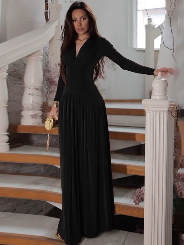 Hugcitar Autumn Elegant V Neck Long Sleeve Shoulder Pads Ruched Sexy Pleated Maxi Dress Women Evening Party Birthday Clothes_ecoleips.com