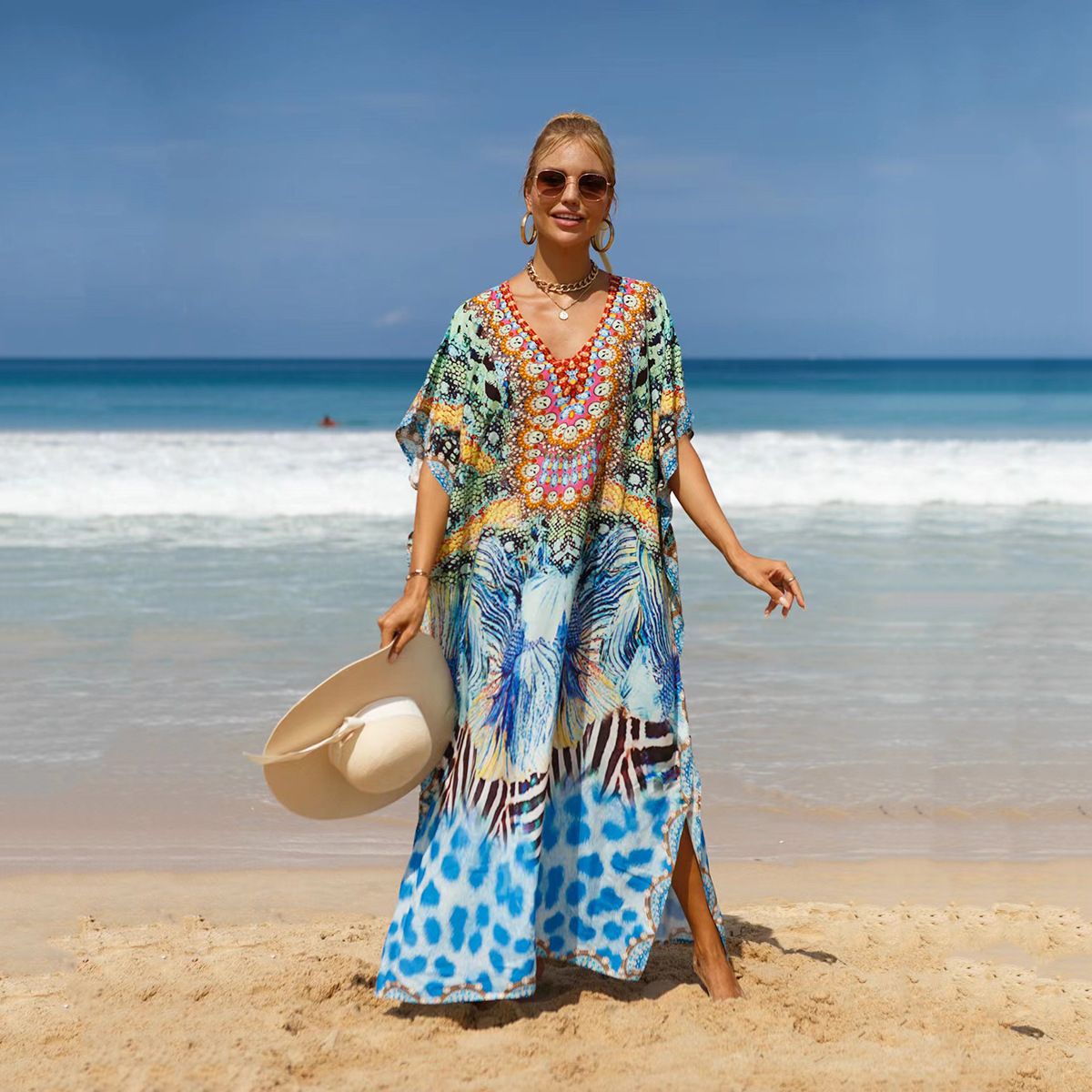 Bohemian Beach Cover-Up Dress – Lightweight & Breathable 99% Cotton Tunic For Women, Oversized Flowy Summer Dress, Perfect For Pool_ecoleips.com