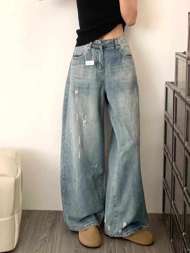 High-waisted Ripped Denim Wide-leg Pants For Women, Large-sized Autumn Design, Hip-covering And Slimming, Washed Floor-standing Straight Pants_ecoleips.com