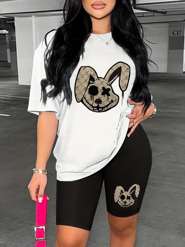 Summer Women's Casual And Fashionable Cartoon Rabbit Print Loose T-shirt+shorts Two-piece Sportswear Suitable For Daily Wear-106_ecoleips.com