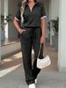 Women's European American Style Casual Polo Shirt And High Waisted Drawstring Pants Two Piece Set Color Block Short Sleeve Top_ecoleips.com