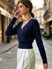 Women Cross Wrap V Neck Ribbed Knit Top Loose Long Sleeve Lightweight Hollow Texture Breathable Skin-friendly Cropped Knit Blouse_ecoleips.com