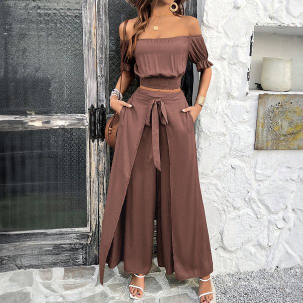 Women's Clothing Spring And Summer Temperament Solid Color Belly Baring Top Wide Leg Pants Suit_ecoleips.com