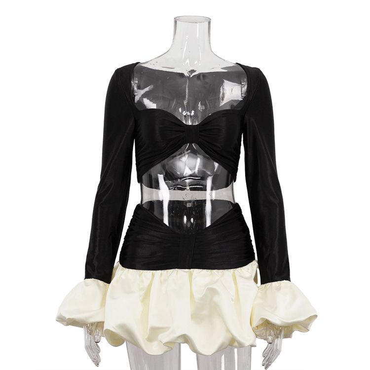 Women's Sexy Color Block Tulle Skirt And Cropped Top Set With Bell Sleeves Cross-Border Style Hot Two-Piece Outfit_ecoleips.com