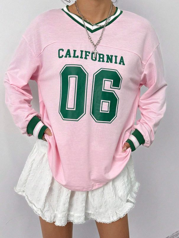 Women's Loose Long Sleeve T-Shirt V Neck Pullover Casual Sporty Top Dopamine Digital Print American Basic Style 2024_ecoleips.com