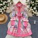 Women's Clothing Retro Lapel Long Sleeve Single Breasted Waist Slim Print A Line Shirt Dress_ecoleips.com