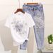 Women's Clothing Denim Suit Summer Beaded Embroidered Three Dimensional Flower Short Sleeved T Shirt Ripped Nine Point Jeans_ecoleips.com