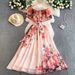 Elegant Off The Shoulder Ruffle Dress French Style Vacation Inspired Floral Print Cinched Waist Flowing Skirt For Spring And Summer_ecoleips.com