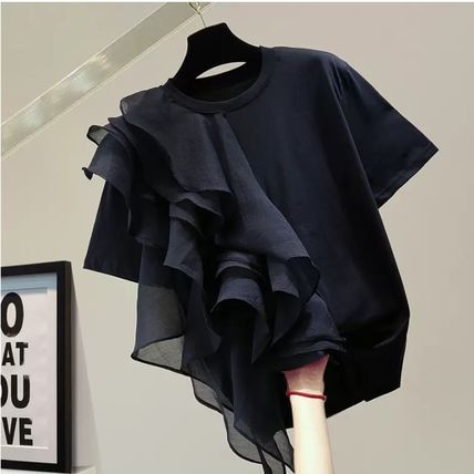 Women's Trendy Korean Style Round Neck Short Sleeve T-Shirt Irregular Ruffle Patchwork Loose Casual Top_ecoleips.com