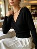 Women Wrap V Neck Ribbed Knit Top Loose Long Sleeve Lightweight Hollow Texture Breathable Skin-friendly Cropped Knit Blouse_ecoleips.com