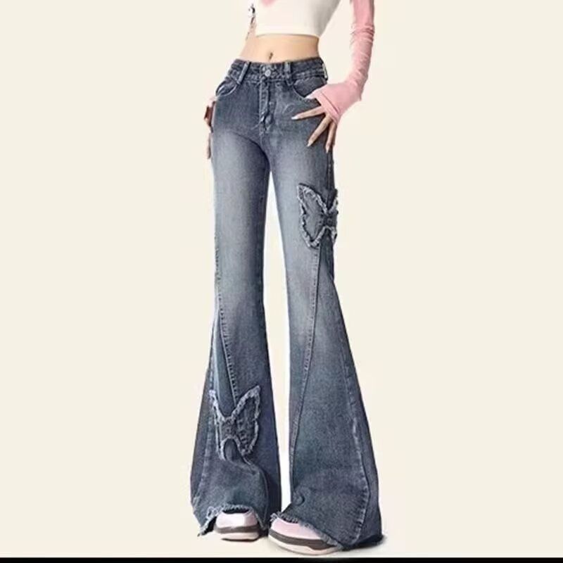 Aria Basics Plus-size American High Street Vibe Butterfly Embroidered Flared Jeans For Women, Summer Plus-size Women's Slimming_ecoleips.com