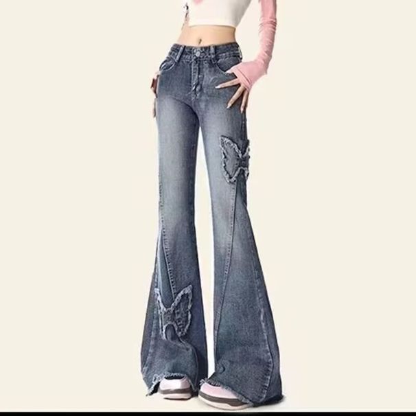 Aria Basics Plus-size American High Street Vibe Butterfly Embroidered Flared Jeans For Women, Summer Plus-size Women's Slimming_ecoleips.com