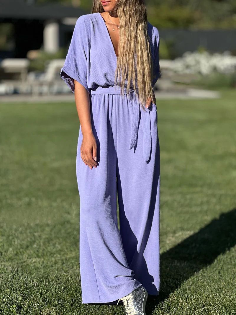 Women's Clothing Casual Solid Color V-neck Lace-up Mid-waist Pocket Jumpsuit_ecoleips.com