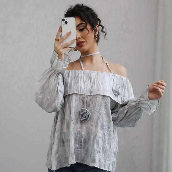 Women's Clothing Autumn French Temperament Pure Desire One Shoulder Ruffled Long Sleeve Loose Shirt Top_ecoleips.com