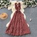 French-Inspired Floral Maxi Dress Strappy V-Neck Smocked Waist Ruffle Hem Sundress Red S M L_ecoleips.com