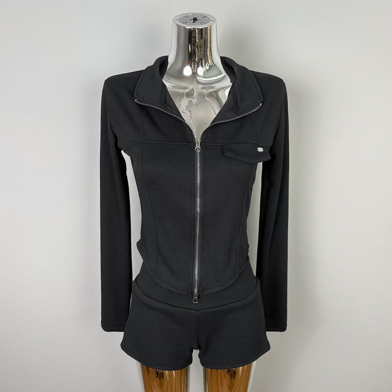 Fashionable Sportswear New Slim-fit Sexy Pure-desire Hot Girl Style Long-sleeve Sweatshirt Jacket + Shorts Set For Women_ecoleips.com