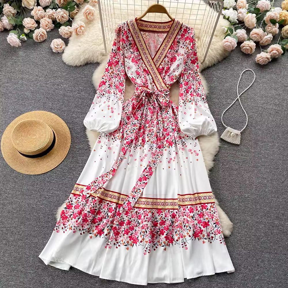 Bohemian Floral Print Long Sleeve Midi Dress For Women – V-Neck A-Line Casual Elegant Dress With Belt, Polyester Spandex Blend, S/M/L/Xl_ecoleips.com