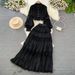 Women Standing Collar Hollowed Out Lace Top Two-piece High Waisted Skirt_ecoleips.com
