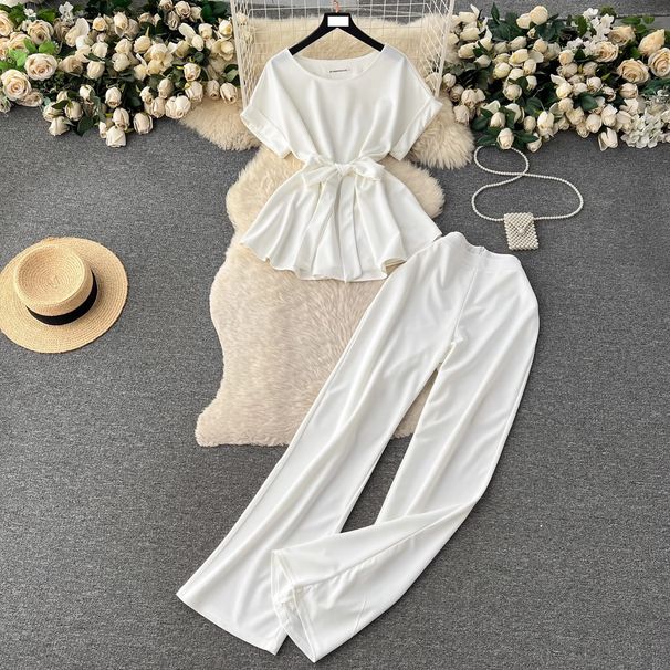 Women's Clothing retro fashion round neck short sleeved tie waist top two piece suit women's casual loose high waist wide leg trousers_ecoleips.com