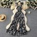 Women's Clothing Travel Vacation Outfit Jumpsuit Women's Summer Elastic Pleated Waist Floral Suspenders Wide Leg Long Pants_ecoleips.com