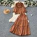 Women's Clothing Temperament Suit Palace Retro Lace Splicing Lantern Sleeve Single Breasted Shirt High Waist Large Swing Skirt_ecoleips.com