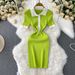Women's Clothing Temperament Contrast Color Single Breasted Lapel Short Sleeved Knitted Dress Waist Slimming Hip Short Skirt_ecoleips.com