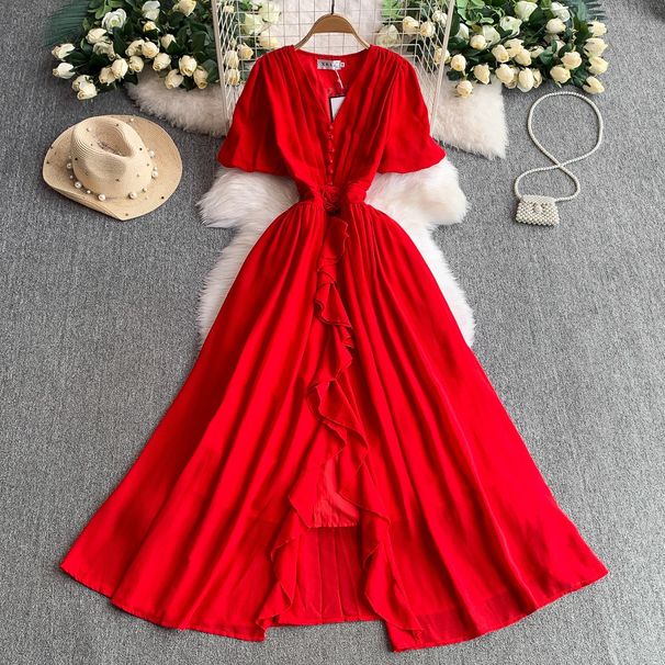 Women's Clothing V Neck Short Sleeved Dress With Three Dimensional Flowers Slim Waist And Slit Ruffled Long Skirt_ecoleips.com