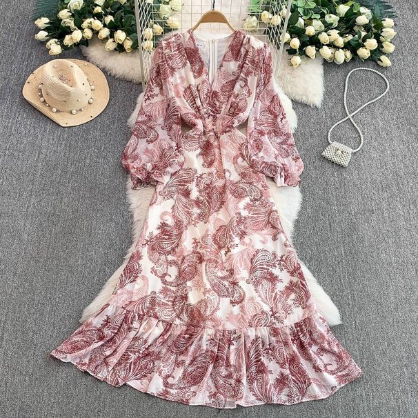Women's Clothing Positioning Printing V Neck Long Sleeved Dress For Women Summer Waist Slim Ruffled Long Skirt_ecoleips.com