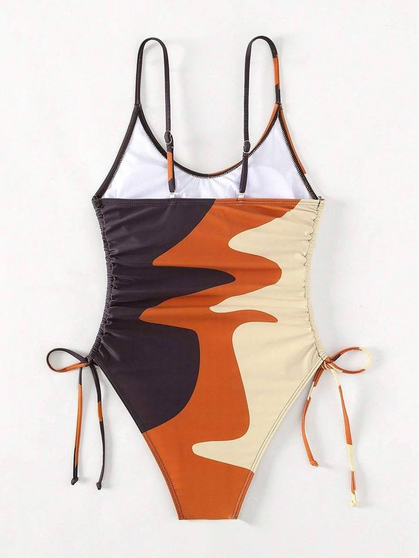 Women's Clothing One Piece Swimsuit Multi Color Contrast Drawstring Sexy Bikini Cross Sports Suit For Vacation_ecoleips.com