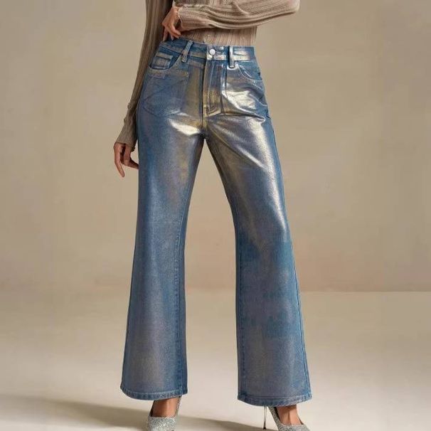 Women's Retro Gold Plated Flared Jeans Slimming Regular Fit Full Length Casual Fashion_ecoleips.com