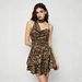 Voya American-style Leopard Print Off-shoulder Dress With Backless Waist-cinching Ruffled Hem, Sexy And Flirty, Petite-friendly Short Skirt_ecoleips.com