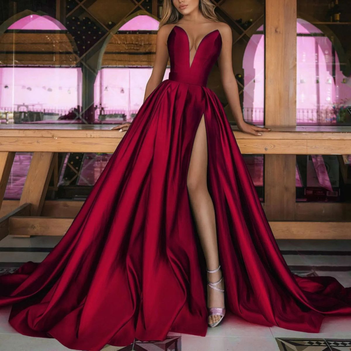 Elegant Strapless Ball Gown High Slit A-Line Evening Dress for Women Parties Special Occasions_ecoleips.com
