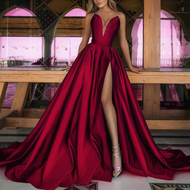 Elegant Strapless Ball Gown High Slit A-Line Evening Dress for Women Parties Special Occasions_ecoleips.com