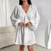 Elegant Simple Deep V Neck Long Sleeved Puff Sleeve Solid Color Dress For Women Style Full Skirt_ecoleips.com