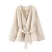 Elegant V-Neck Long-Sleeve Jacket For Women - Oversized Fit, Soft Polyester Blend, 3d Floral Print, Princess Style Lightweight Outerwear (Ivory)_ecoleips.com