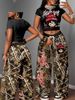 Women's Retro Pictographic Print T-Shirt And Wide Leg Pants Set Casual Comfortable 2-Piece Home Or Outerwear Clothing_ecoleips.com