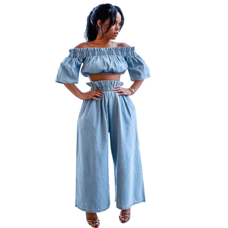 Women's Clothing One Shoulder Navel Baring Top Short Sleeved Wide Leg Solid Color Denim Suit For Women_ecoleips.com