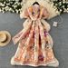 Women's Clothing Palace Style V Neck Tie Waist Mesh Puff Sleeves Printed Long Swing Dress_ecoleips.com