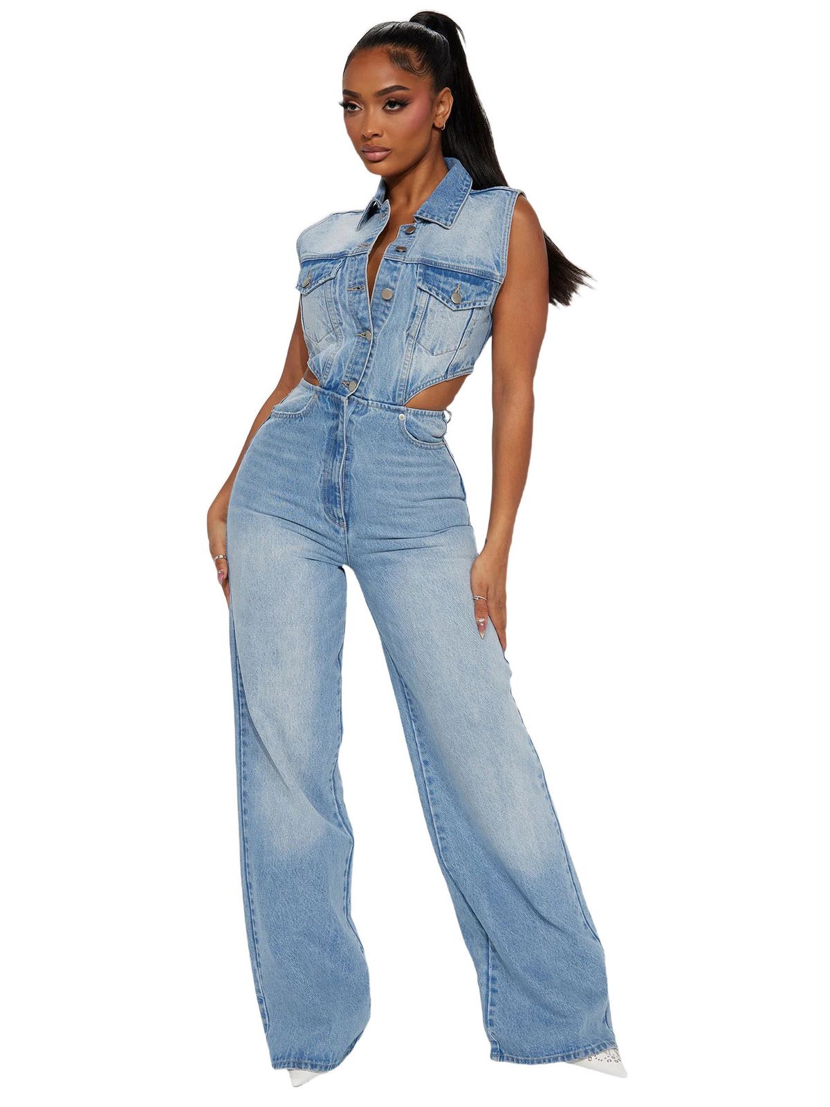 Women's Stretch Washed Denim Jumpsuit - High Waist Slim Fit Loose Straight Leg Romper - Light Blue_ecoleips.com